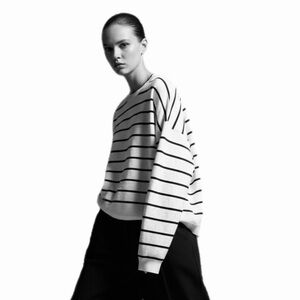 Adrianna Papell Ivory and Black Striped Crew Neck Sweater